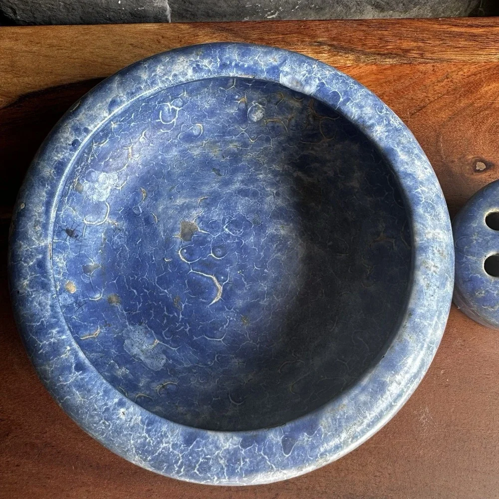 Vintage Ceramic Pottery Frog Flower Holder And Matching Blue Bowl Grandmacore